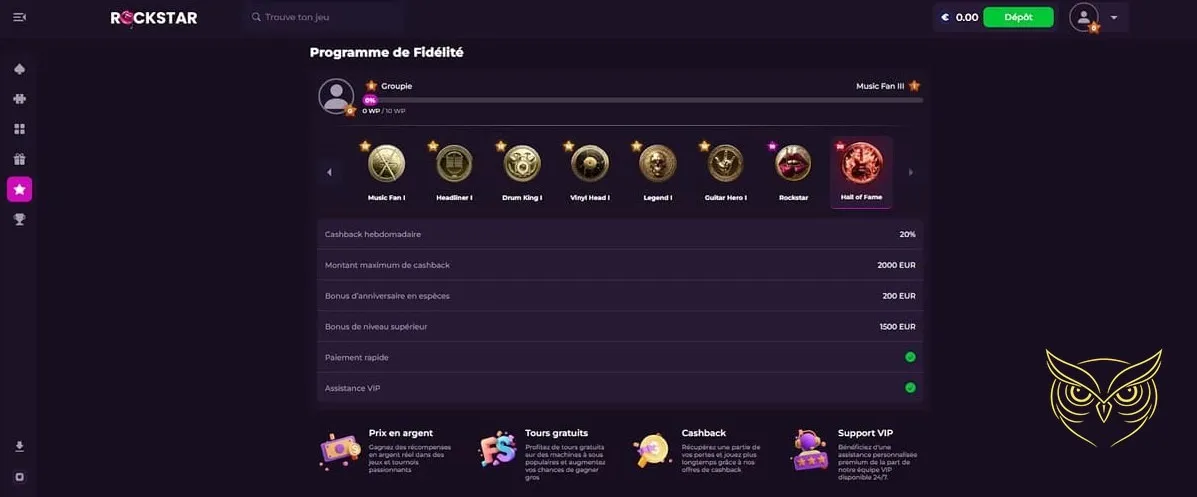 Page de dépôt des fonds Rockstar Casino