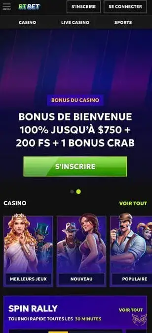 Capture d'écran de l'application mobile RTBet Casino