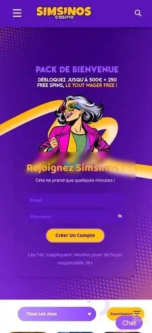 Capture d'écran de l'application Simsinos Casino