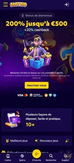 Capture d'écran de l'application mobile Slottio Casino.