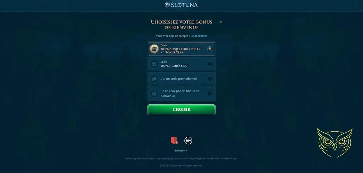 Détail du bonus de premier dépôt Slotuna Casino.