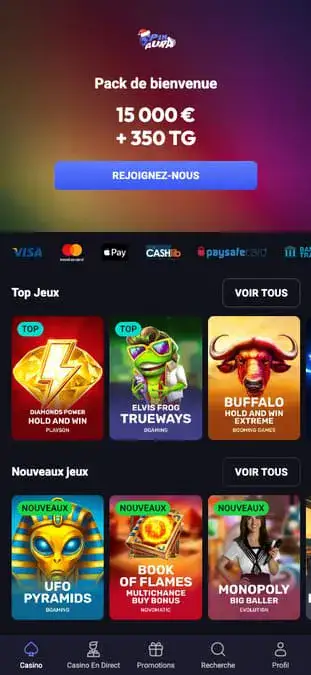 Capture d'écran de l'application SpinAura Casino.
