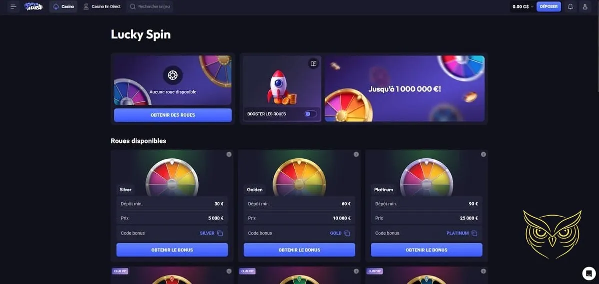 Fonctionnalité de la roue Lucky Spin SpinAura Casino.