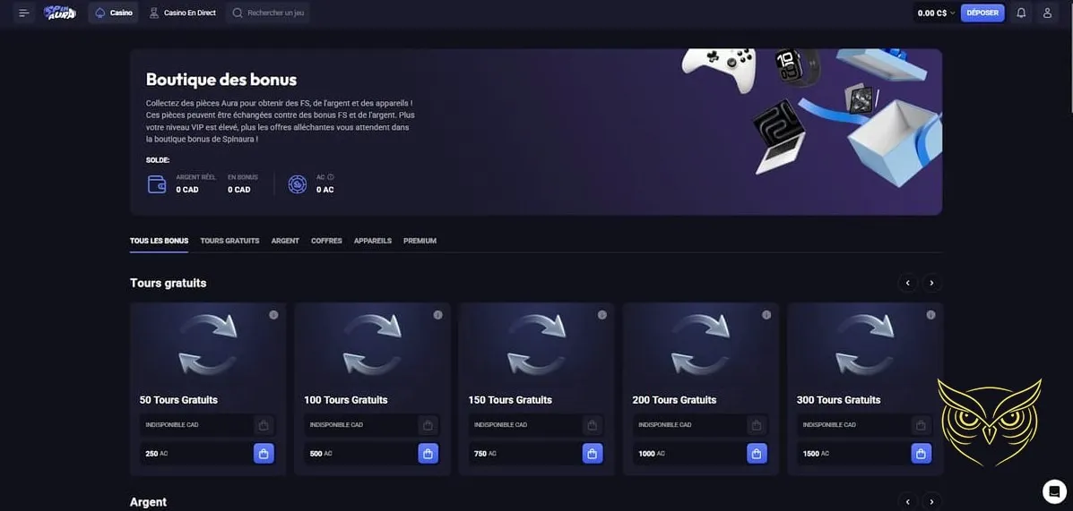 Accès à la boutique du casino SpinAura.