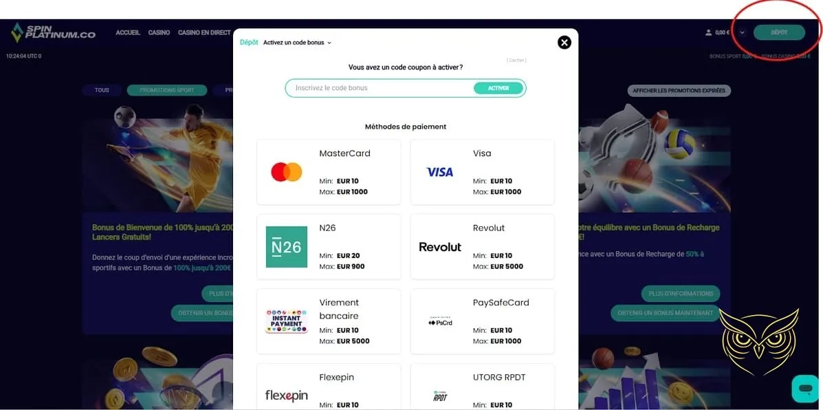 Accès au casino direct Spin Platinum