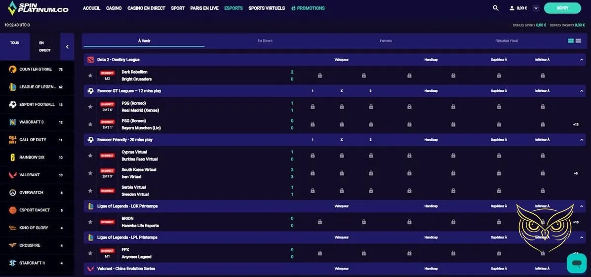 Section paris sportifs Spin Platinum Casino