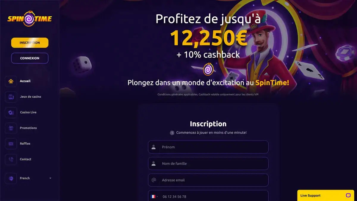 Vue générale du site Spin Time Casino