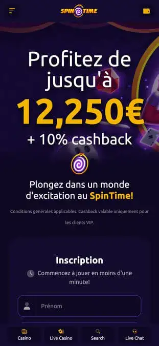 Aperçu de l'application mobile Spin Time Casino
