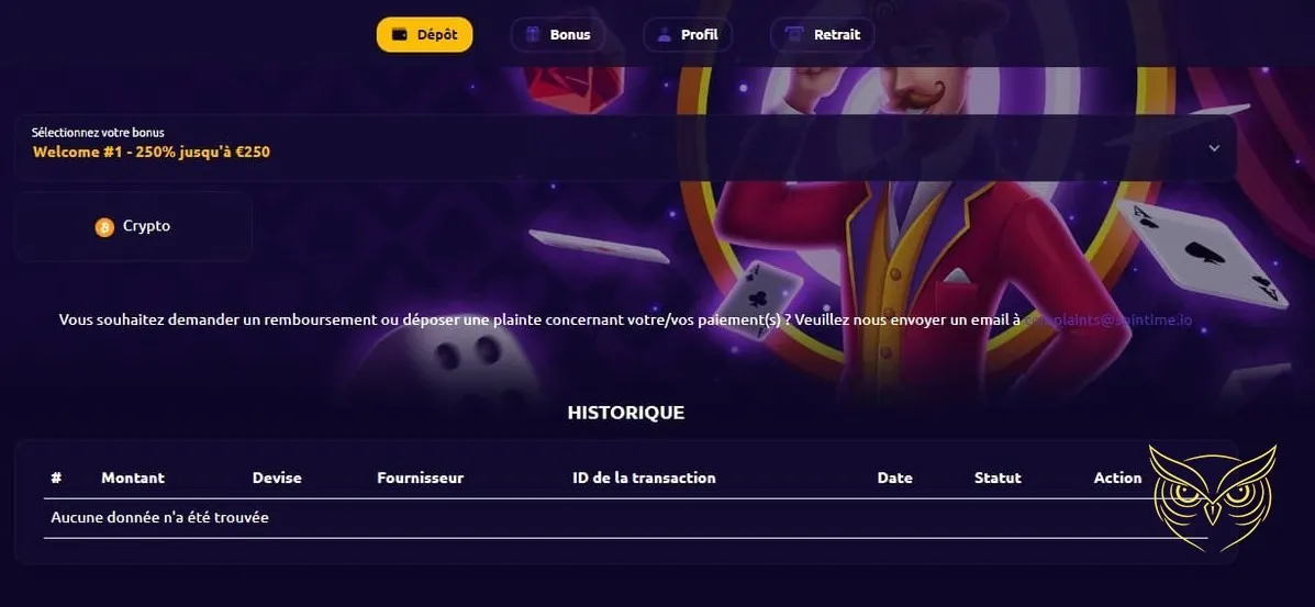 Page des bonus et promotions SpinTime