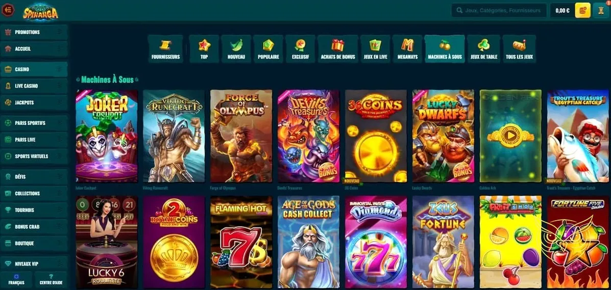 Interface de la boutique Spinanga Casino