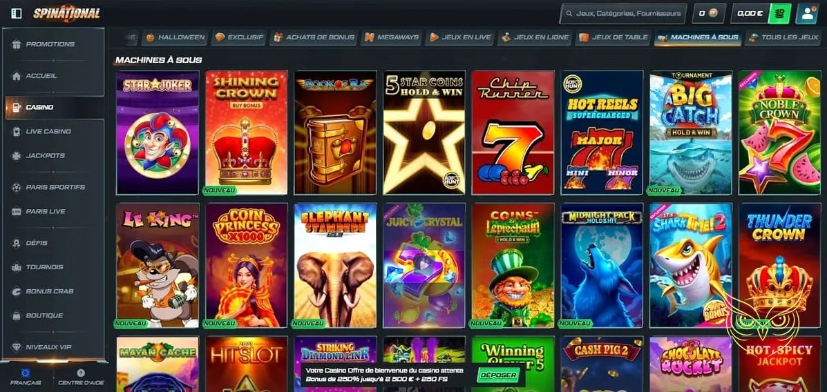 Section des tournois de casino Spinational Casino