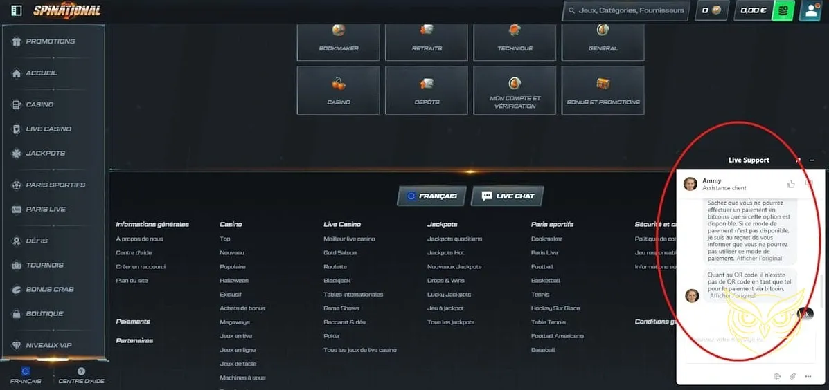 Icône du service client Spinational Casino