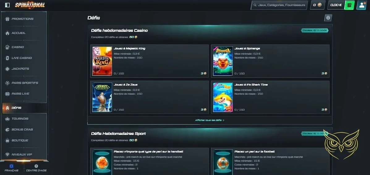 Capture d'écran du lobby live Spinational Casino