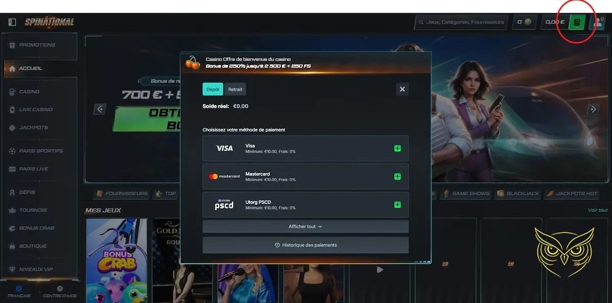 Interface de paris sportifs en ligne Spinational Casino