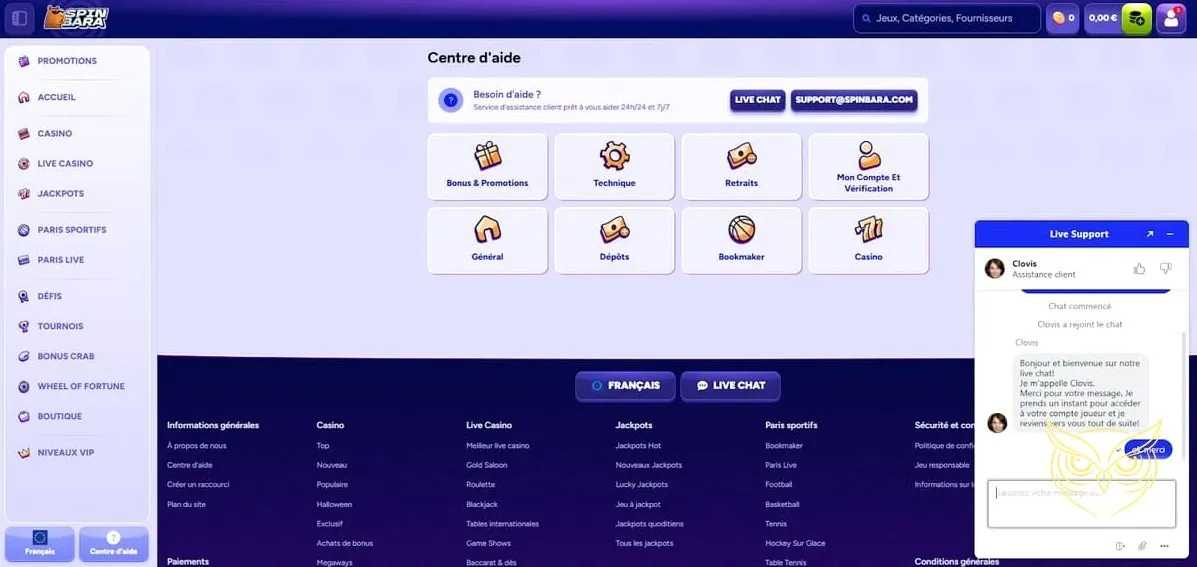 Accès au service client Spinbara Casino