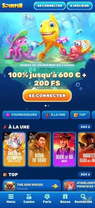 Capture d'écran de l'application Spinfin Casino