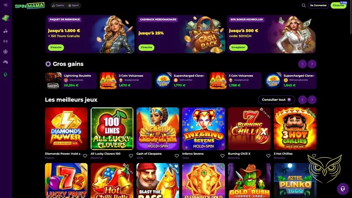 Page d'accueil du casino SpinMama