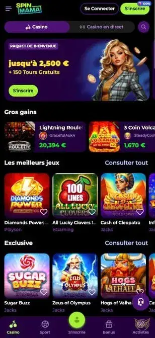 Interface de l'application mobile SpinMama Casino