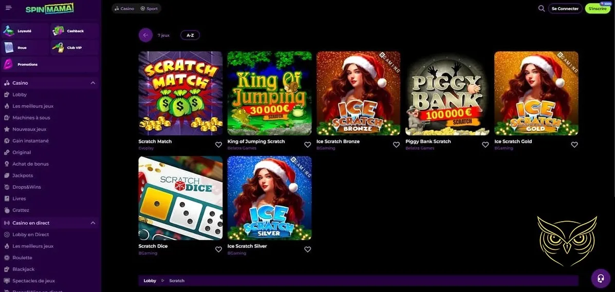 Page d'accès au centre bonus SpinMama Casino