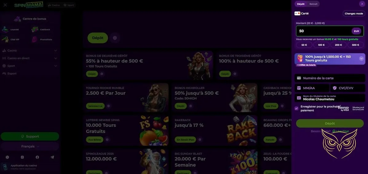Interface du bookmaker sportif SpinMama Casino