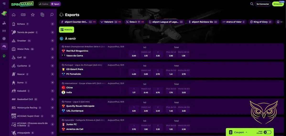 Section dédiée aux paris Esports SpinMama Casino