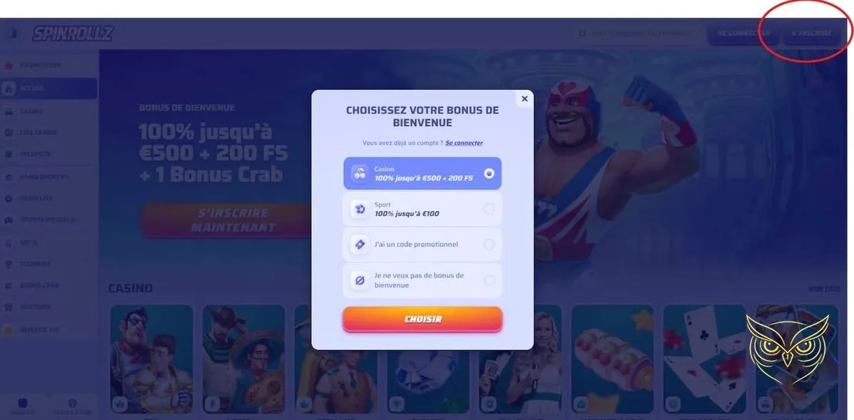 Capture d'écran des bonus disponibles Spinrollz