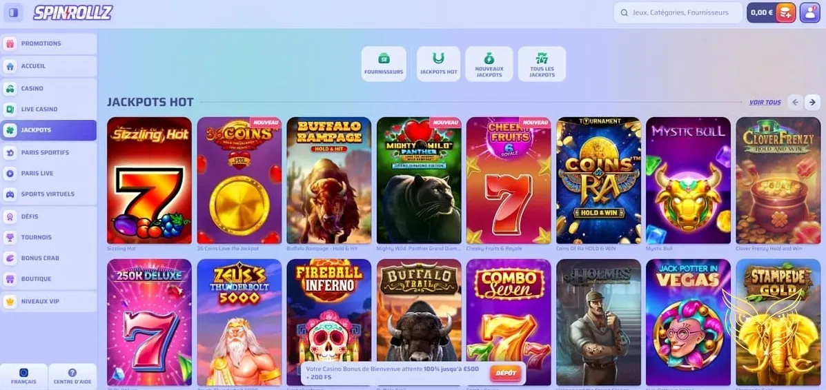 Interface des défis proposés par Spinrollz Casino