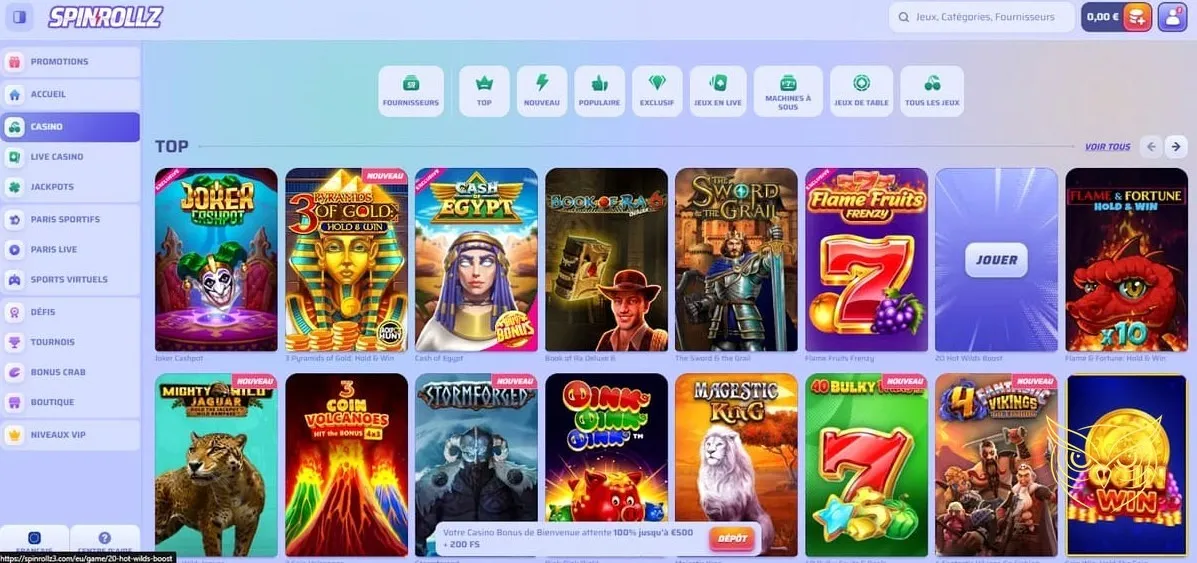 Page des tournois organisés par Spinrollz Casino