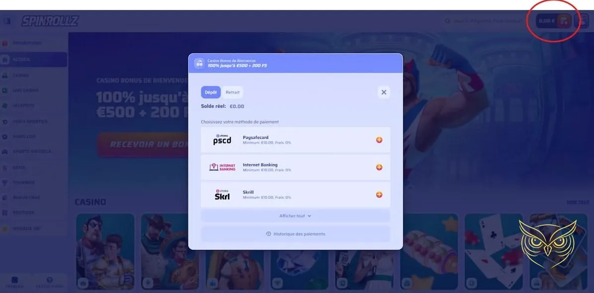 Section promotions du casino Spinrollz