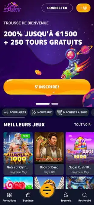 Capture d'écran de l'application mobile SpinSpirit Casino