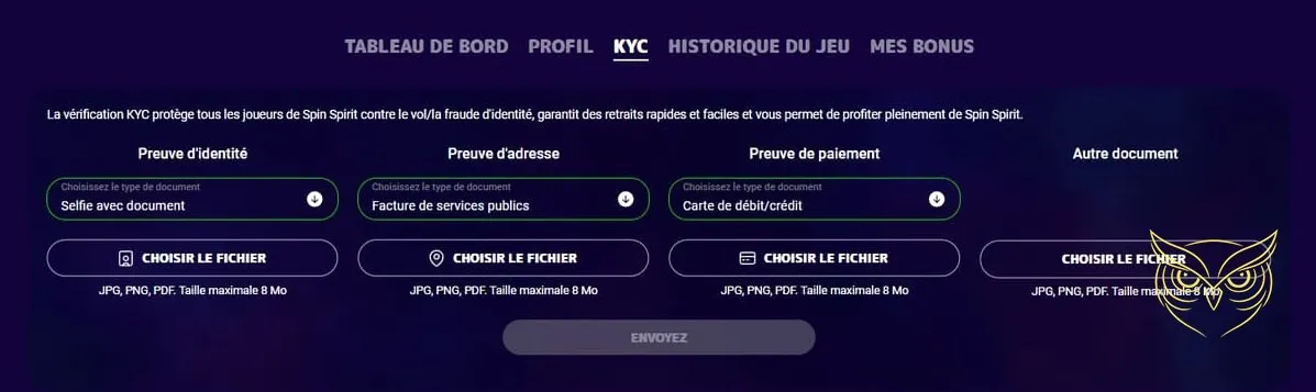 Détail de l'inscription sur le casino Spin Spirit