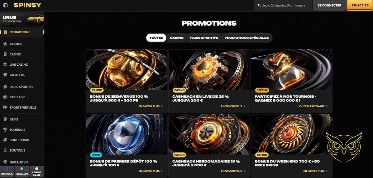 Page des défis quotidiens Spinsy Casino