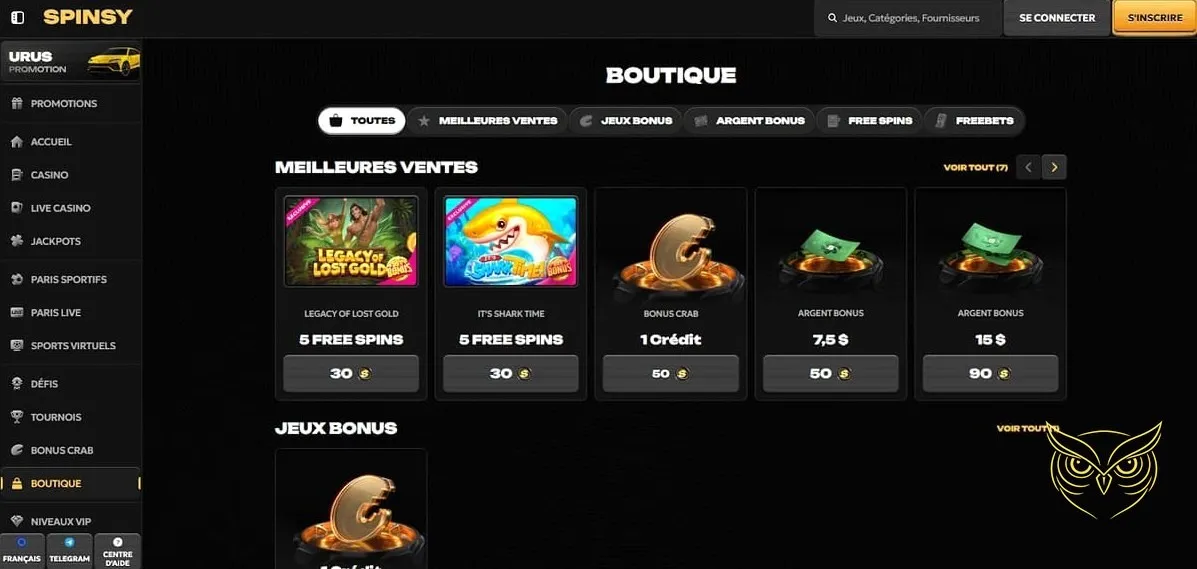 Section de paris sportifs sur Spinsy Casino