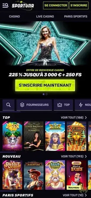Capture d'écran de l'application mobile Sportuna Casino