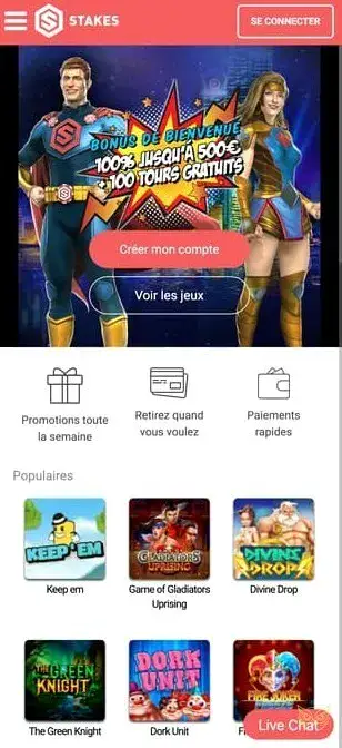 Interface de l'application mobile Stakes Casino