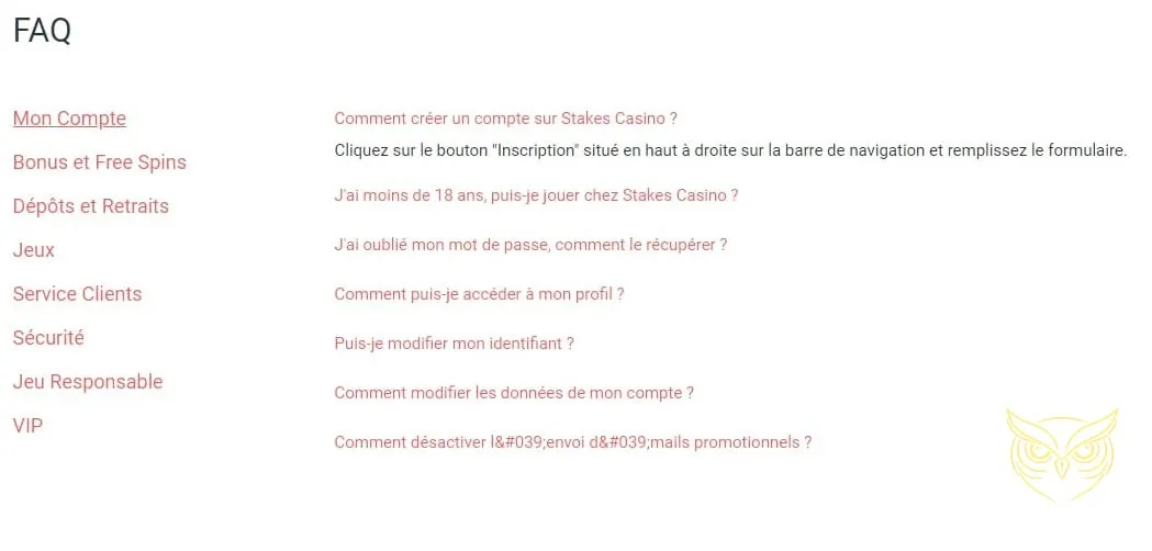 Page de FAQ du casino Stakes