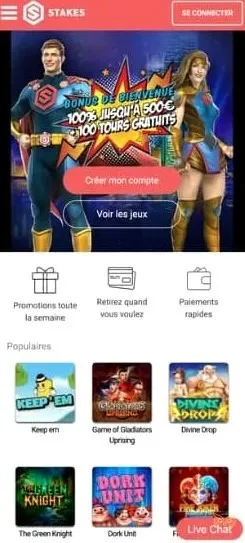 Site web Stakes Casino en version mobile