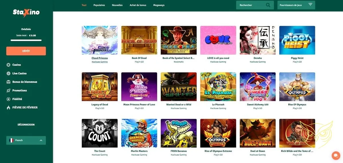 Écran de retrait de fonds StaXino Casino