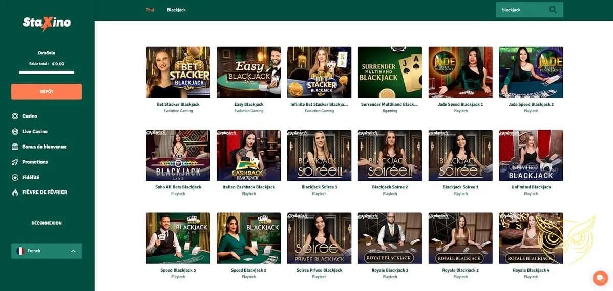 Interface de dépôt pour le casino StaXino