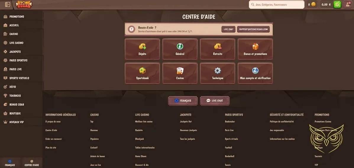 Interface du bookmaker de Stone Vegas Casino