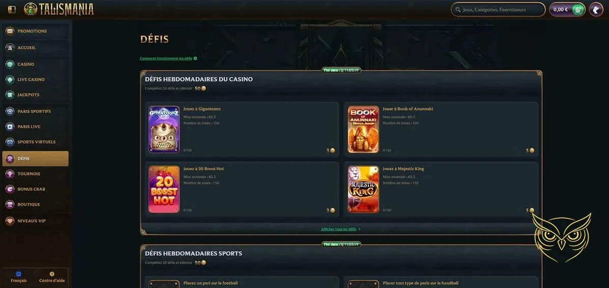 Interface des jeux de casino live Talismania Casino.