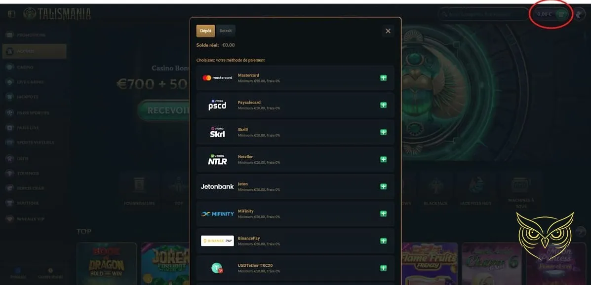 Interface de la section paris sportifs Talismania Casino.