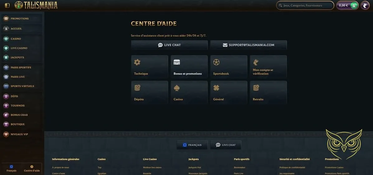 Écran des paris sportifs en direct Talismania Casino.