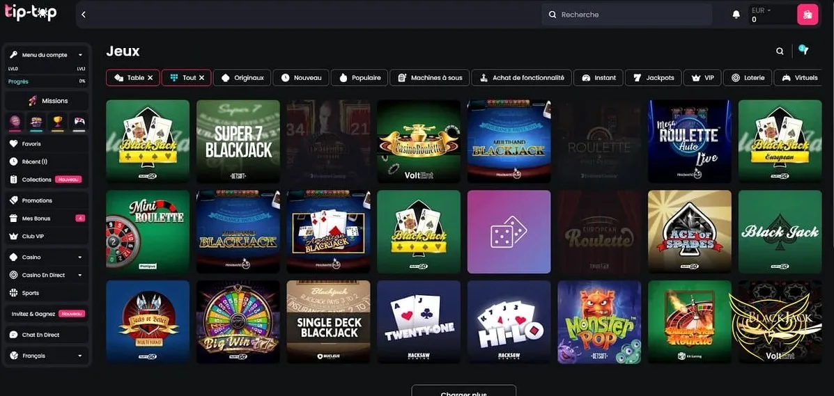 Page des promotions sportives Tip Top Bet Casino.