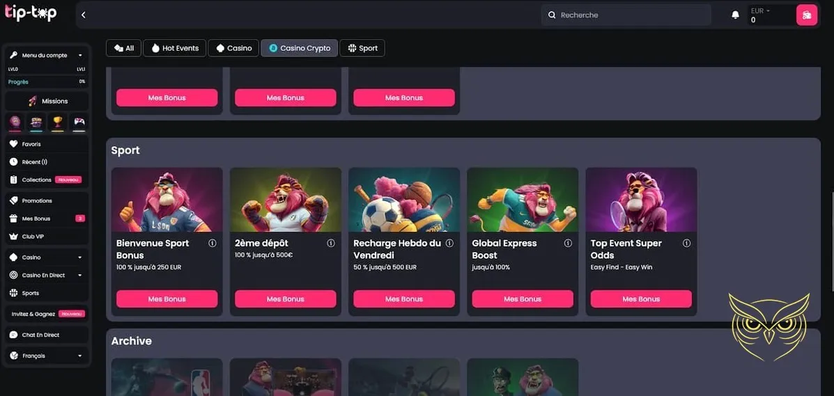 Formulaire d'inscription au Tip Top Bet Casino.