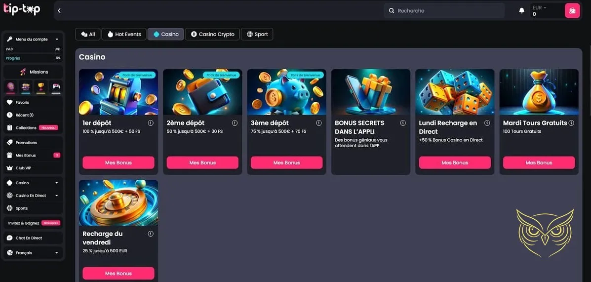 Interface des jeux de casino en direct Tip Top Bet.