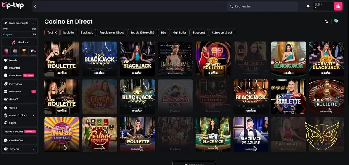 Page d'accueil des paris sportifs Tip Top Bet Casino.