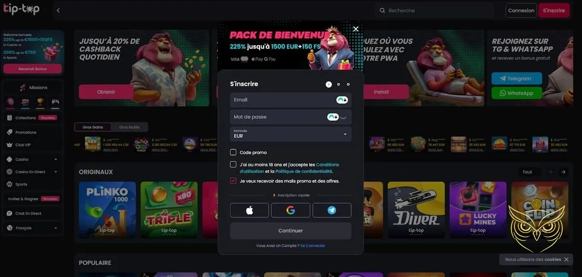 Visuel d'une offre bonus régulière Tip Top Bet Casino.