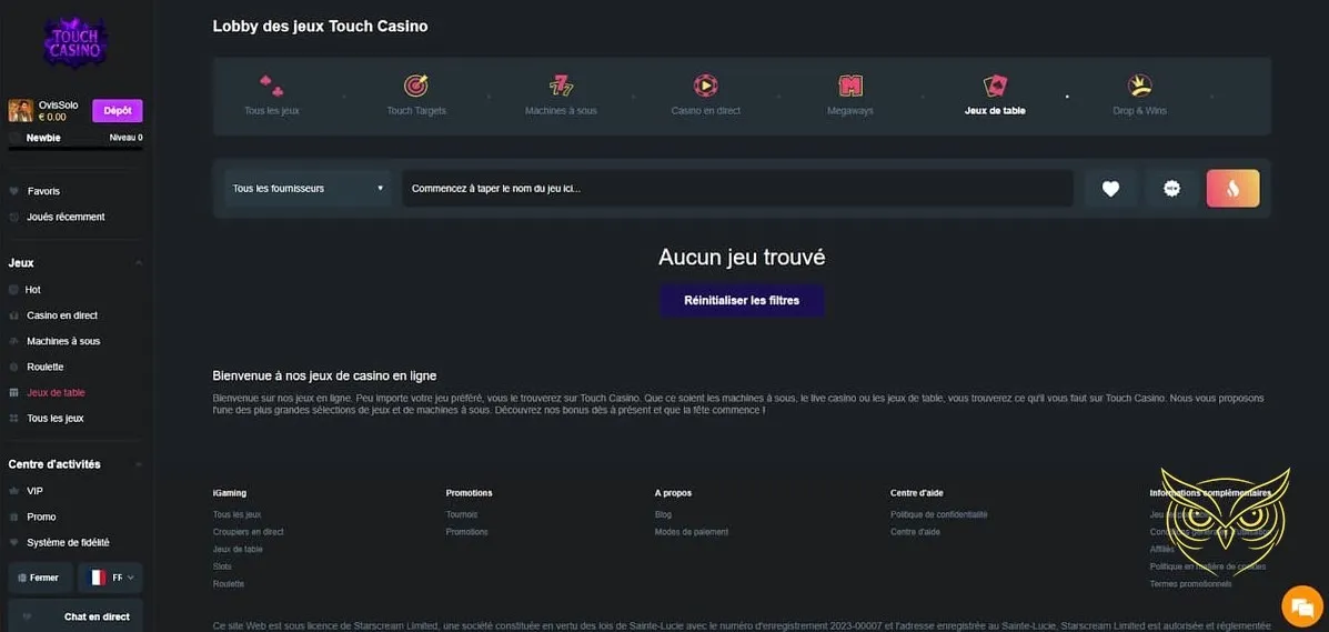 Section des autres jeux du casino Touch