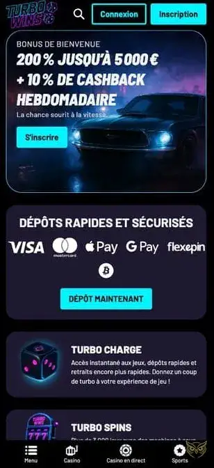Capture d'écran de l'application Turbo Wins Casino